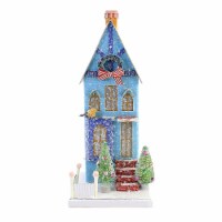 Christmas Blue Townhouse Paper Board Putz Bird Bottle Bursh Tree Hou341