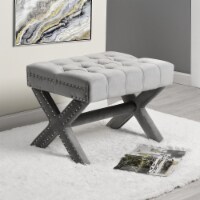 Emma Velvet Button Tufted Ottoman-X-Legs-Silver Nailhead Trim light grey