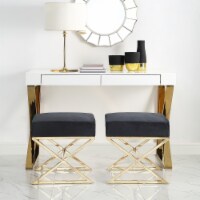 Liam Velvet Upholstered Ottoman-Stainless Steel-Gold or Chrome X-legs-Living Room, Entryway,