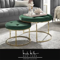 Nicole Miller Keanu Nesting Ottoman-Upholstered-Gold Frame-Set of 2 Green/Chrome Velvet