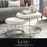 Nicole Miller Keanu Nesting Ottoman-Upholstered-Gold Frame-Set of 2 White/Chrome Leather