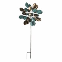 Copper and Verdigris Leaf-Shaped Double Pinwheel Wind Spinner Garden Stake 63 Inches
