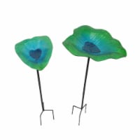 Set of 2 Green Blue Glass Leaf Bird Bath Garden Stakes Outdoor Home Yard Decor 25 Inches High