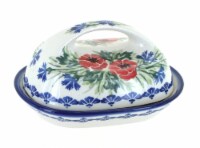 Blue Rose Polish Pottery Cherry Red Bouquet Butter Dish