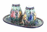 Blue Rose Polish Pottery Gladiolus Salt & Pepper Shakers with Tray
