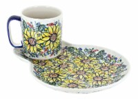 Blue Rose Polish Pottery Sunflower Maze Breakfast Plate with Mug