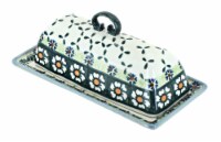 Blue Rose Polish Pottery Country Green Daisy Butter Dish