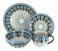 Blue Rose Polish Pottery Country Green Daisy 16 PC Dinnerware Set with Bell Mug