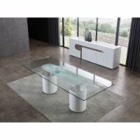 Mandarin Dining Table, 12mm clear tempered glass top, polished stainless steel Connector