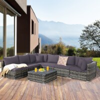7PCS Patio Rattan Furniture Set Sectional Sofa Garden Cushion Gray