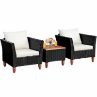 Costway 3 PCS Outdoor Patio Rattan Bistro Furniture Set Wooden Table Top Cushioned Sofa Black