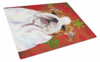 Bulldog English Red and Green Snowflakes Holiday Christmas Glass Cutting Board L