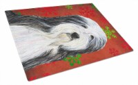 Bearded Collie Red and Green Snowflakes Holiday Christmas Glass Cutting Board La