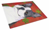 Boston Terrier Red Green Snowflakes Christmas Glass Cutting Board Large