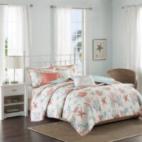Gracie Mills 6 Piece Cotton Sateen Quilt Set with Throw Pillows Coral Full/Queen