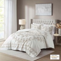 Gracie Mills 3 Piece Tufted Cotton Chenille Coverlet Set Ivory/Taupe Full/Queen