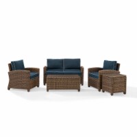 5-Piece Outdoor With Navy Cushions - Loveseat, Two Arm Chairs, Side Table & Glass Top Table
