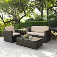 3 Piece Outdoor Wicker Seating Set With Sand Cushions - Loveseat, Chair & Glass Top Table