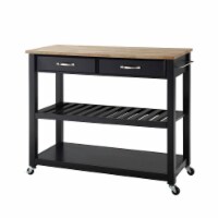 Crosley Natural Wood Top Kitchen Cart/Island With Optional Stool Storage in Black Finish