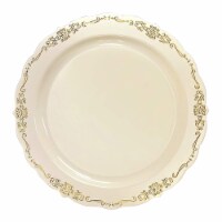 10  Ivory with Gold Vintage Rim Round Disposable Plastic Dinner Plates (120 Plates)