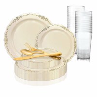 Ivory with Gold Vintage Rim Round Disposable Plastic Wedding Value Set (120 Sets)