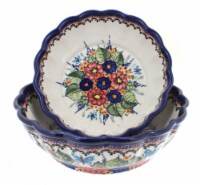 Blue Rose Polish Pottery Floral Butterfly Scallop Serving Bowl Set