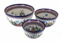 Blue Rose Polish Pottery Floral Butterfly Mixing Bowl Set