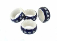 Blue Rose Polish Pottery Flowering Peacock Napkin Ring Set