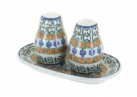 Blue Rose Polish Pottery Herb Garden Salt & Pepper Shakers with Tray