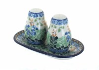 Blue Rose Polish Pottery Lily of the Valley Salt & Pepper Shakers with Tray