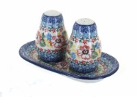Blue Rose Polish Pottery Hummingbird Salt & Pepper Shakers with Tray