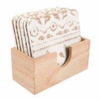 6 Pack Wood Coasters Set with Holder - White Floral Print, 3.8 x 0.12 x 3.8 Inches