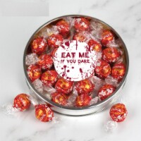 Halloween Candy Gift Tin with Chocolate Truffles Large Plastic Tin with Sticker - Red
