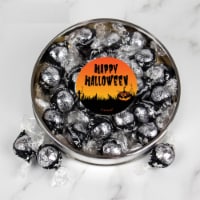 Halloween Candy Gift Tin with Chocolate Truffles Large Plastic Tin with Sticker - Pumpkin