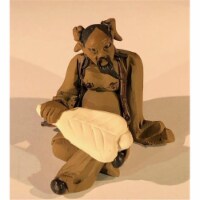 Bonsai Boy e3411 2 in. Ceramic Figurine - Mud Man Holding A Fan Sitting Down