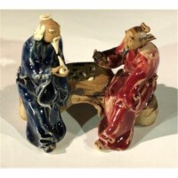 Bonsai Boy e3397 3 in. Ceramic Figurine - Two Men Sitting On A Bench Playing Chess, Blue & Re