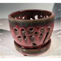 Bonsai Boy L282b Ceramic Orchid Pot with Attached Humidity Drip Tray, Parisian Red - Round