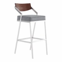 30  Barstool in Brushed Stainless Steel with Grey Faux Leather and Walnut Wood Finish Back