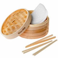 Bamboo Steamer Basket 10 Inch with 2 Pairs Chopsticks, Tongs and 50 Paper Liners