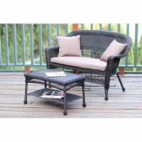 Espresso Wicker Patio Love Seat And Coffee Table Set With Brown Cushion