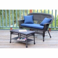 Espresso Wicker Patio Love Seat And Coffee Table Set With Blue Cushion