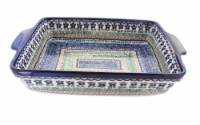 Blue Rose Polish Pottery Aztec Flower Baker with Handles