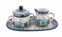 Blue Rose Polish Pottery Lily of the Valley Small Cream & Sugar Set with Tray