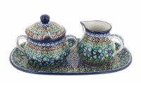 Blue Rose Polish Pottery Mardi Gras Small Cream & Sugar Set with Tray