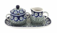 Blue Rose Polish Pottery Peacock Swirl Small Cream & Sugar Set with Tray