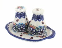 Blue Rose Polish Pottery Scarlett Salt & Pepper Shakers with Tray Perspective: Main