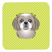 3.5 x 3.5 In. Checkerboard Lime Green Gray Silver Shih Tzu Foam Coasters, Set Of 4