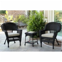3 Piece Black Wicker Chair And End Table Set With Tan Cushion