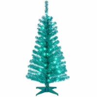 4' Turquoise Tinsel Tree with Plastic Stand & 70 Clear Lights