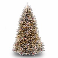 7' Dunhill Fir Hinged Tree with Snow, Red Berries, Cones & Clear Lights